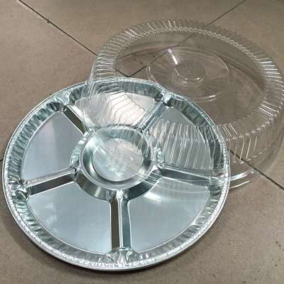 12/14/16 inch food packaging fast food serving trays aluminium foil food tray disposable tray with divider and clear lid